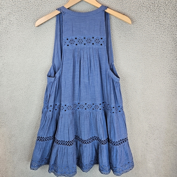Free People Womens Tunic Sz S Blue Eyelet Trim Button Front Boho Beachy Vacation - Picture 9 of 13